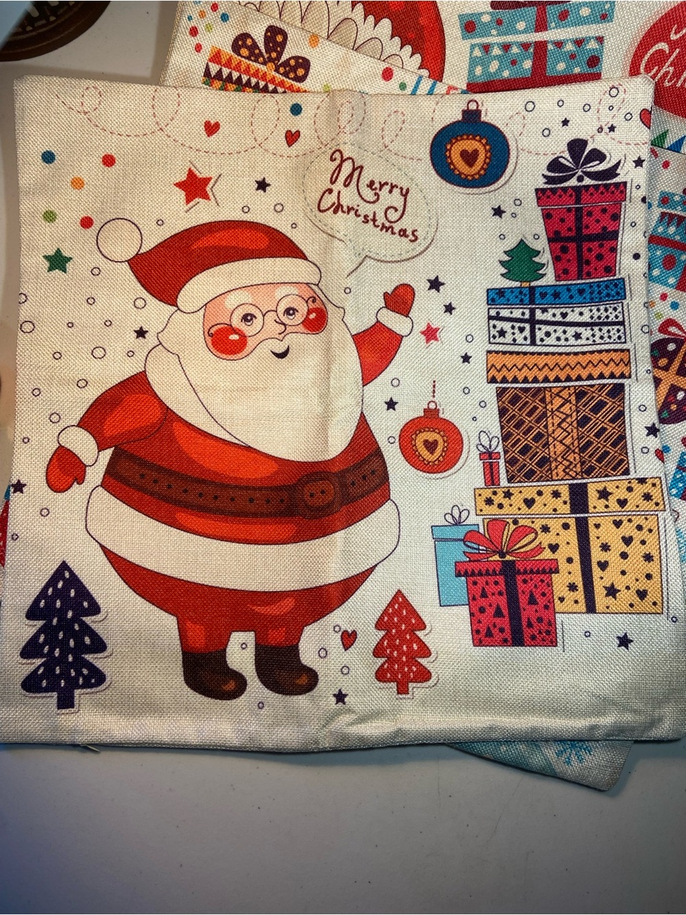 Set of 4 Holiday Santa Print Throw Pillow Cover - Red Multicolor Christmas